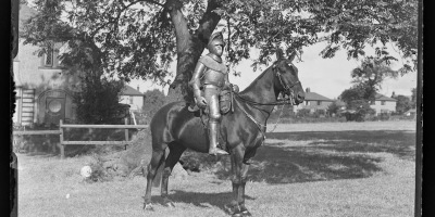 A man on horseback in a suit of armour under a tree in a field.